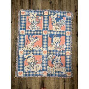 Vintage Disney Avon Baby Blanket Minnie Mickey Donald Woven Knit Pastel Pink & B